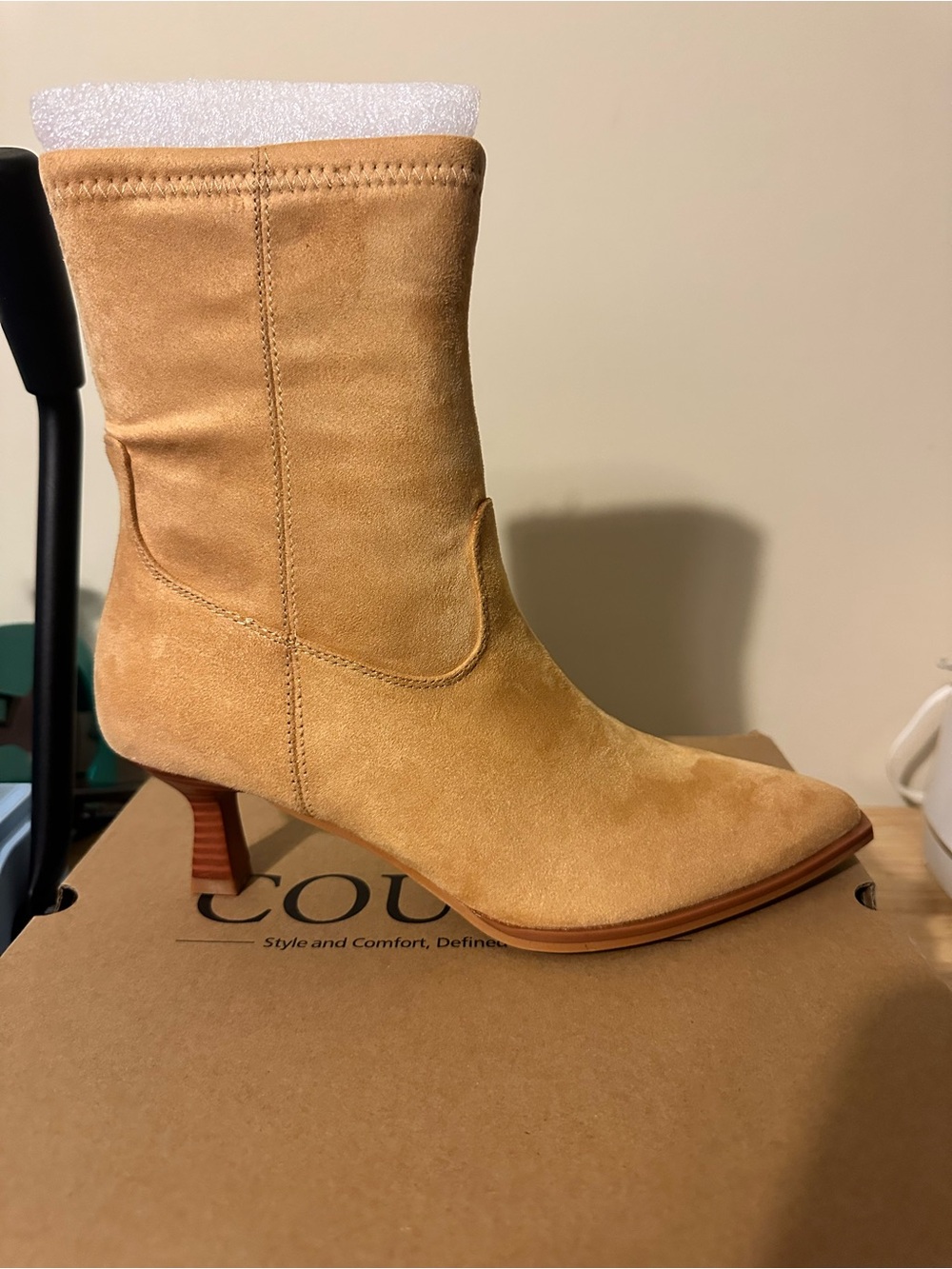 Women’s Mid-Calf Kitten Heal Suede Boot in Camel